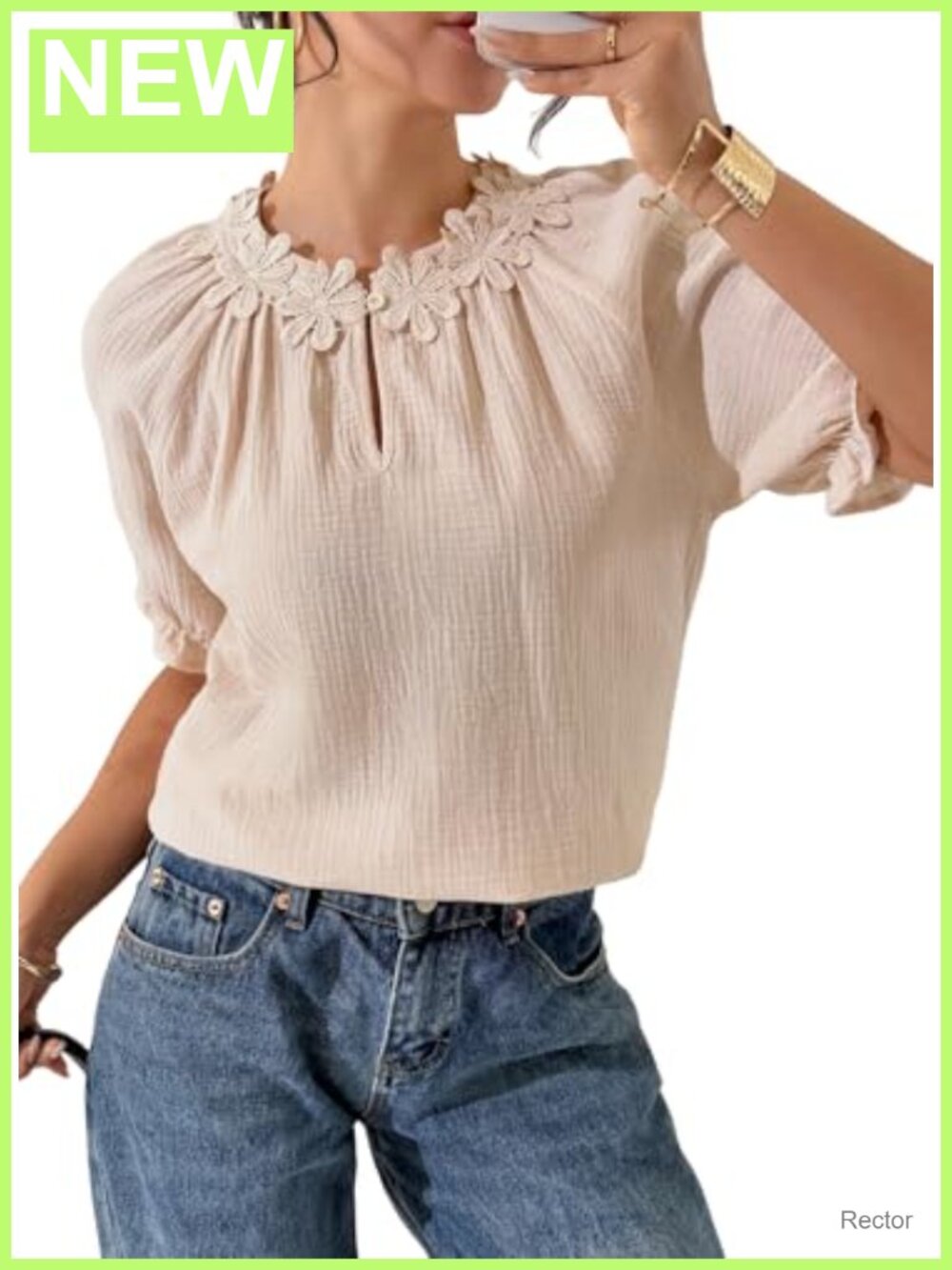 Womens Lace Crochet Puff Sleeve Embroidered Blouse Button Front Top